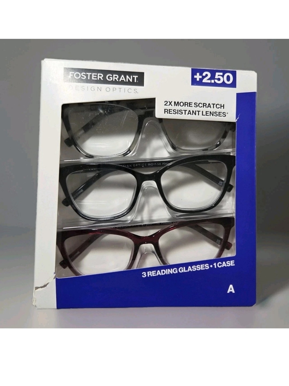 Foster Grant +2.50 Reading Glasses 3-Pack in Black, Gray, and Burgundy